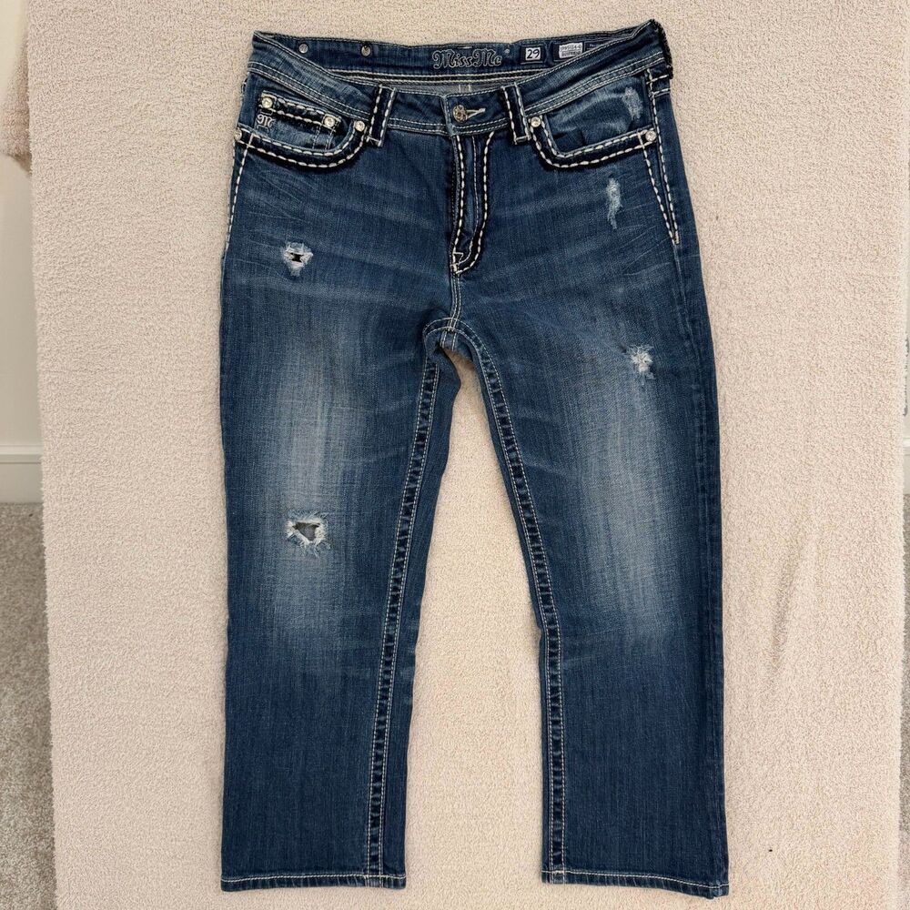 Miss Me Boyfriend Jeans Womens 29 Cropped Distressed Thick Stitch Rhinestone Y2K
